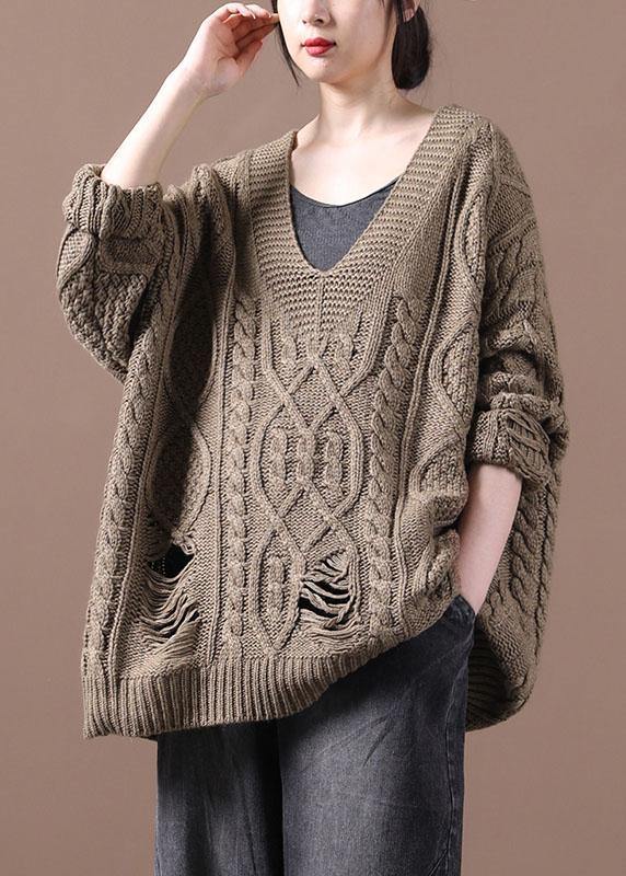 Bohemian Khaki Hole V Neck Fall Cozy Sweater - bagstylebliss