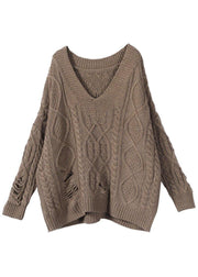 Bohemian Khaki Hole V Neck Fall Cozy Sweater - bagstylebliss