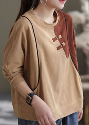 Bohemian Khaki O-Neck Patchwork Cotton Sweatshirts Spring