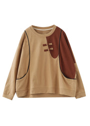 Bohemian Khaki O-Neck Patchwork Cotton Sweatshirts Frühling