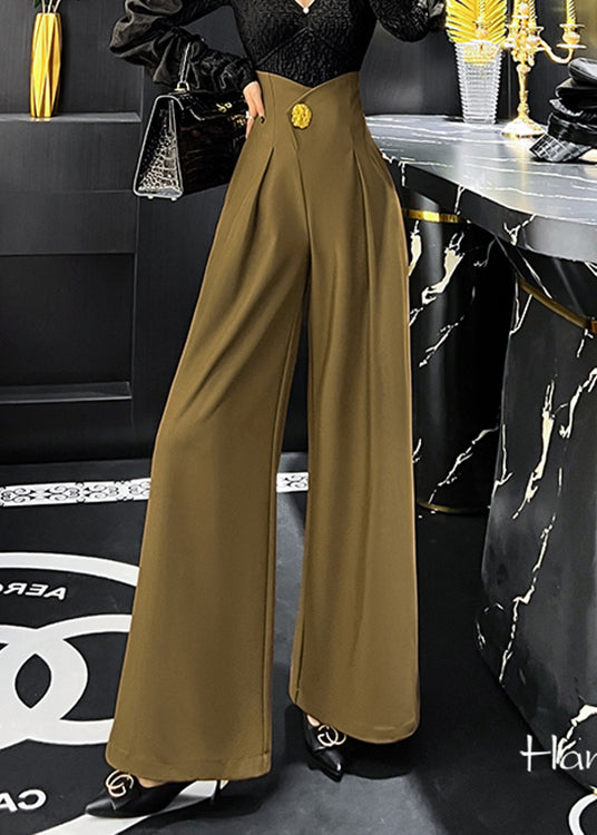 Bohemian Khaki Pockets High Waist Patchwork Spandex Wide Leg Pants Fall