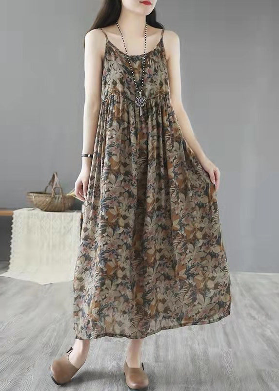 Bohemian Khaki Print Wrinkled Linen Spaghetti Strap Dress Sleeveless