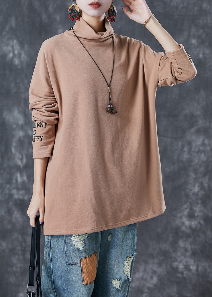 Bohemian Khaki Turtle Neck Letter Embroidered Velour Tops Fall