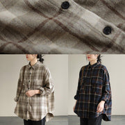 Bohemian Lapel Patchwork Spring Tunic Pattern Design Khaik Plaid Shirt - bagstylebliss