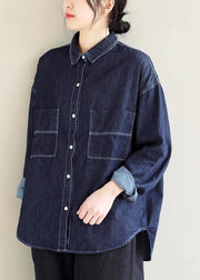 Bohemian Lapel Pockets Spring Tops Women Pattern Denim Blue Shirt - bagstylebliss
