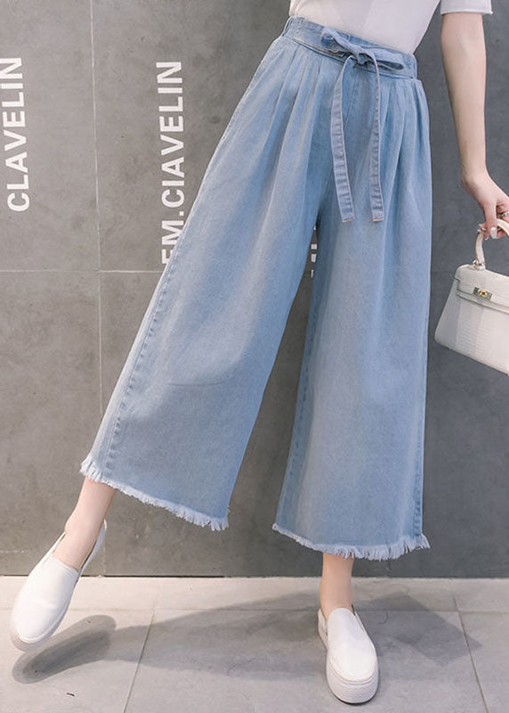 Bohemian Light Blue Bow Tassel Pockets Cotton Wide Leg Pants Summer