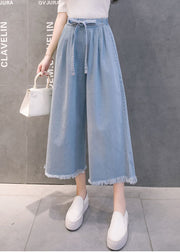 Bohemian Light Blue Bow Tassel Pockets Cotton Wide Leg Pants Summer