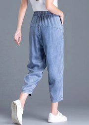 Bohemian Light Blue Elastic Waist Pockets Patchwork Cotton Denim Harem Pants Summer