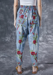 Bohemian Light Blue Rose Embroidered Pockets Cotton Harem Pants Summer