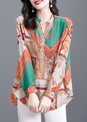 Bohemian Multi Print V Neck Button Chiffon Blouse Tops Long sleeve