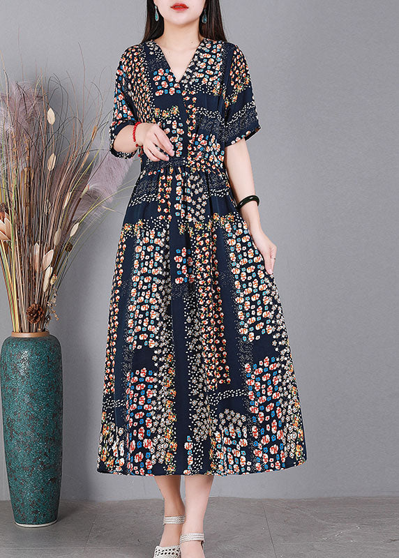 Bohemian Navy V-Ausschnitt Print Kordelzug langes Seidenkleid mit kurzen Ärmeln