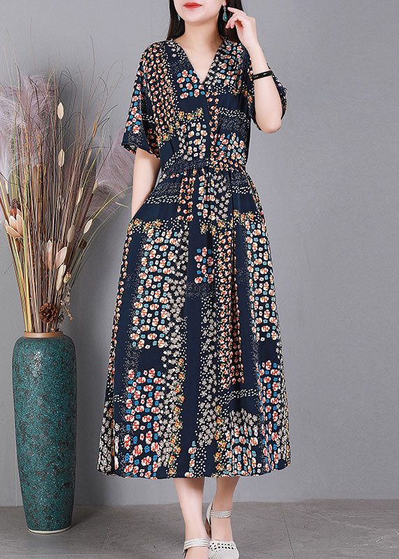 Bohemian Navy V Neck Print Drawstring Silk Long Dress Short Sleeve