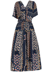 Bohemian Navy V Neck Print Drawstring Silk Long Dress Short Sleeve