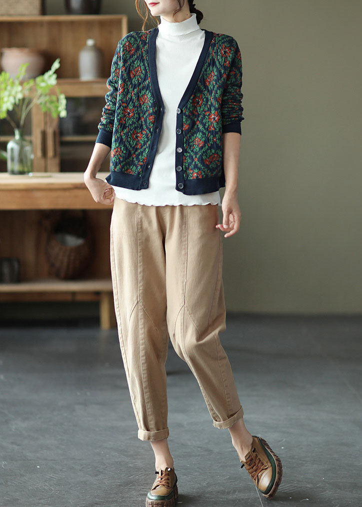 Bohemian Navy V Neck Print Knit Cardigan Winter