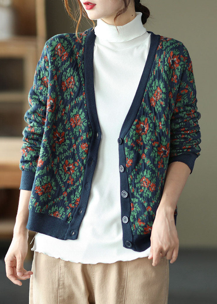 Bohemian Navy V Neck Print Knit Cardigan Winter