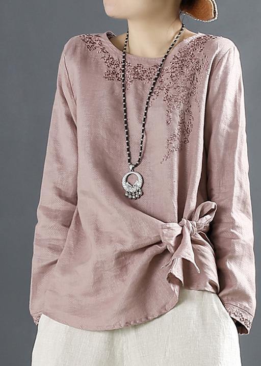 Bohemian O Neck Blouse Fashion Ideas Pink Embroidery Tops - bagstylebliss