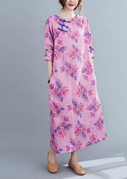 Bohemian O Neck Chinese Button Spring Pattern Purple Print Loose Dress - bagstylebliss