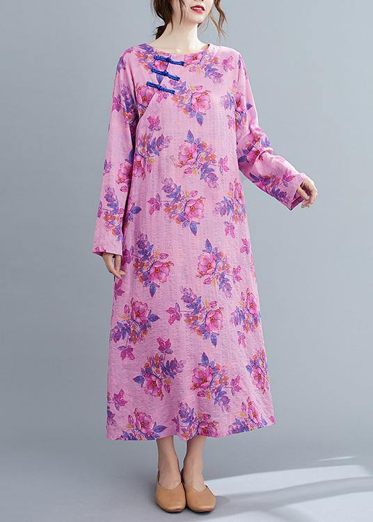 Bohemian O Neck Chinese Button Spring Pattern Purple Print Loose Dress - bagstylebliss