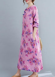 Bohemian O Neck Chinese Button Spring Pattern Purple Print Loose Dress - bagstylebliss