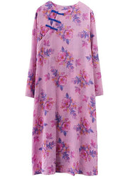 Bohemian O Neck Chinese Button Spring Pattern Purple Print Loose Dress - bagstylebliss