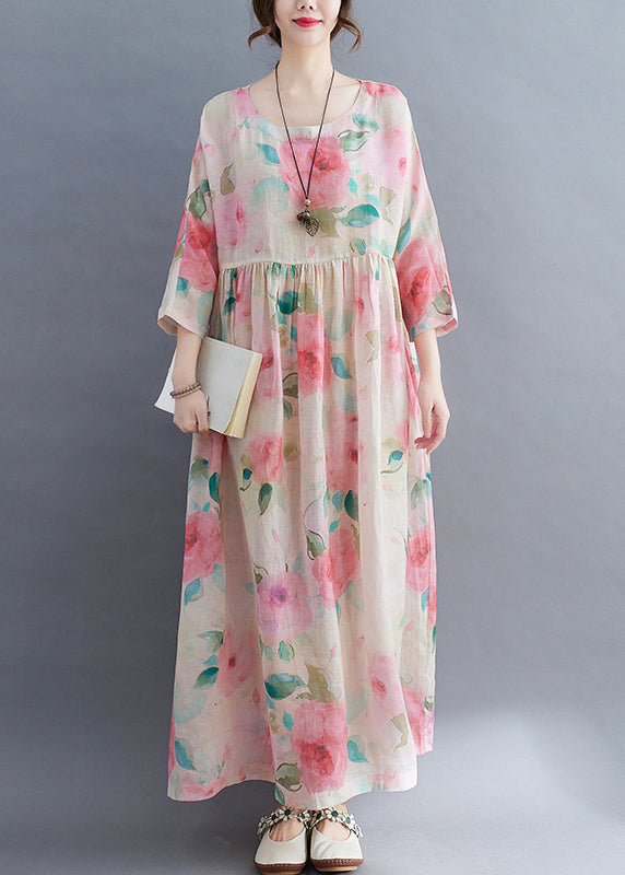 Bohemian O-Neck Cinched Floral Print vacation Dress Three Quarter sleeve