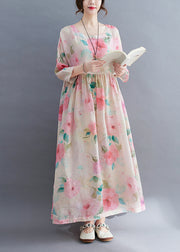 Bohemian O-Neck Cinched Floral Print vacation Dress Three Quarter sleeve