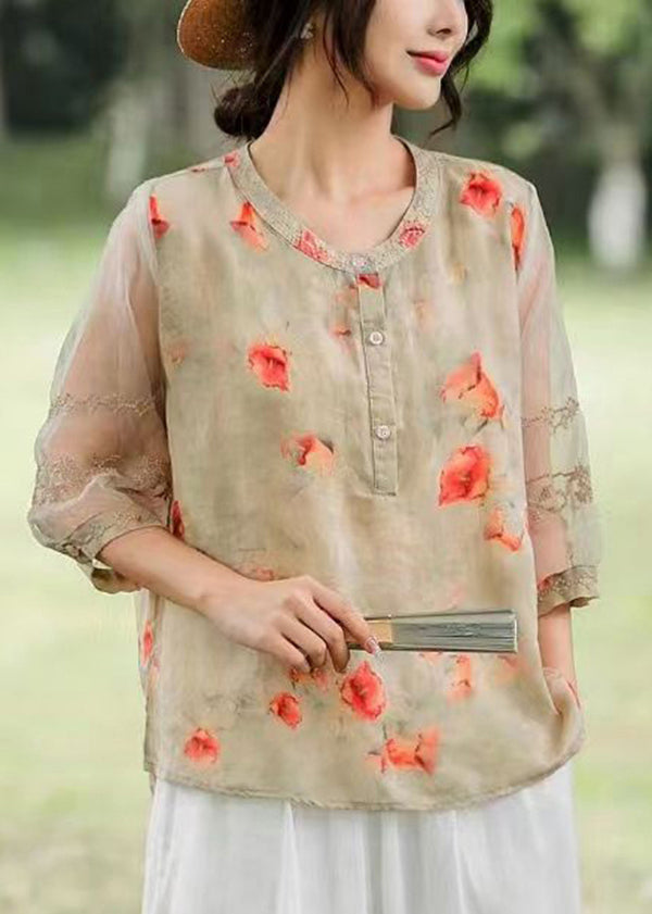 Bohemian Orange Embroidered Print Linen Shirt Top Summer