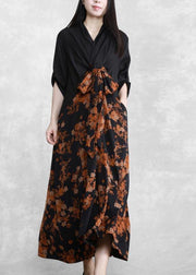 Bohemian Orange Print Dresses Asymmetric V Neck Maxi Spring Dresses - bagstylebliss