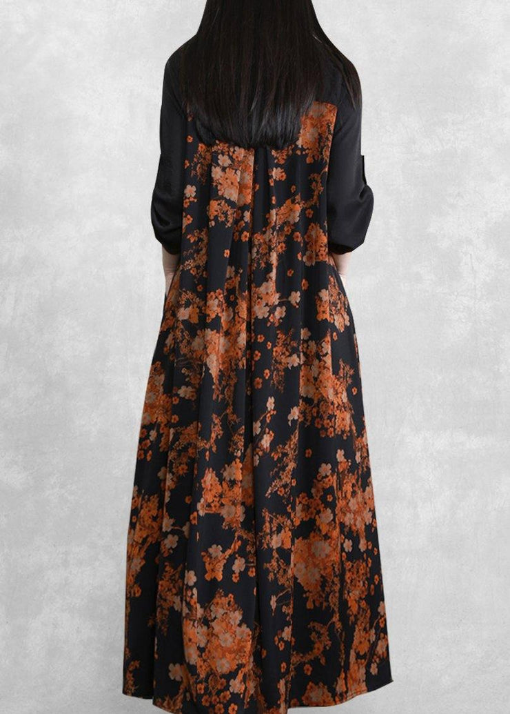 Bohemian Orange Print Dresses Asymmetric V Neck Maxi Spring Dresses - bagstylebliss