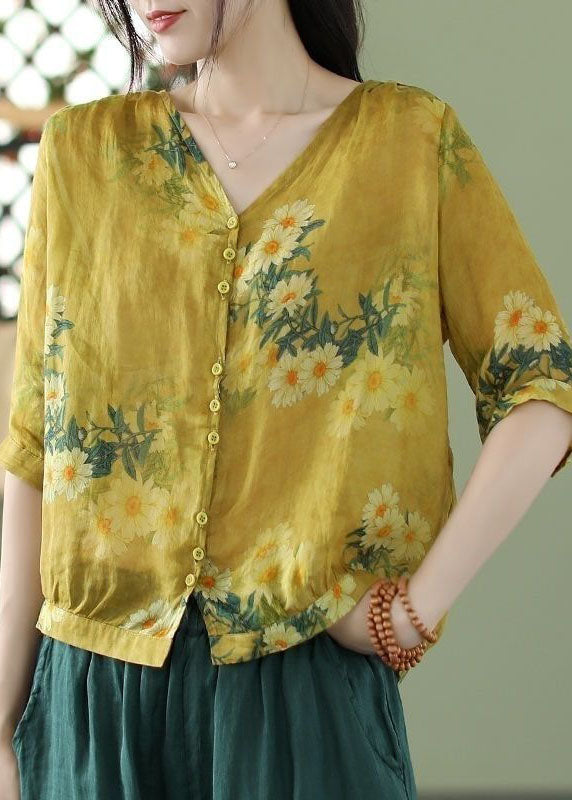 Bohemian Orange Print Slim Fit Linen Shirt Top Half Sleeve