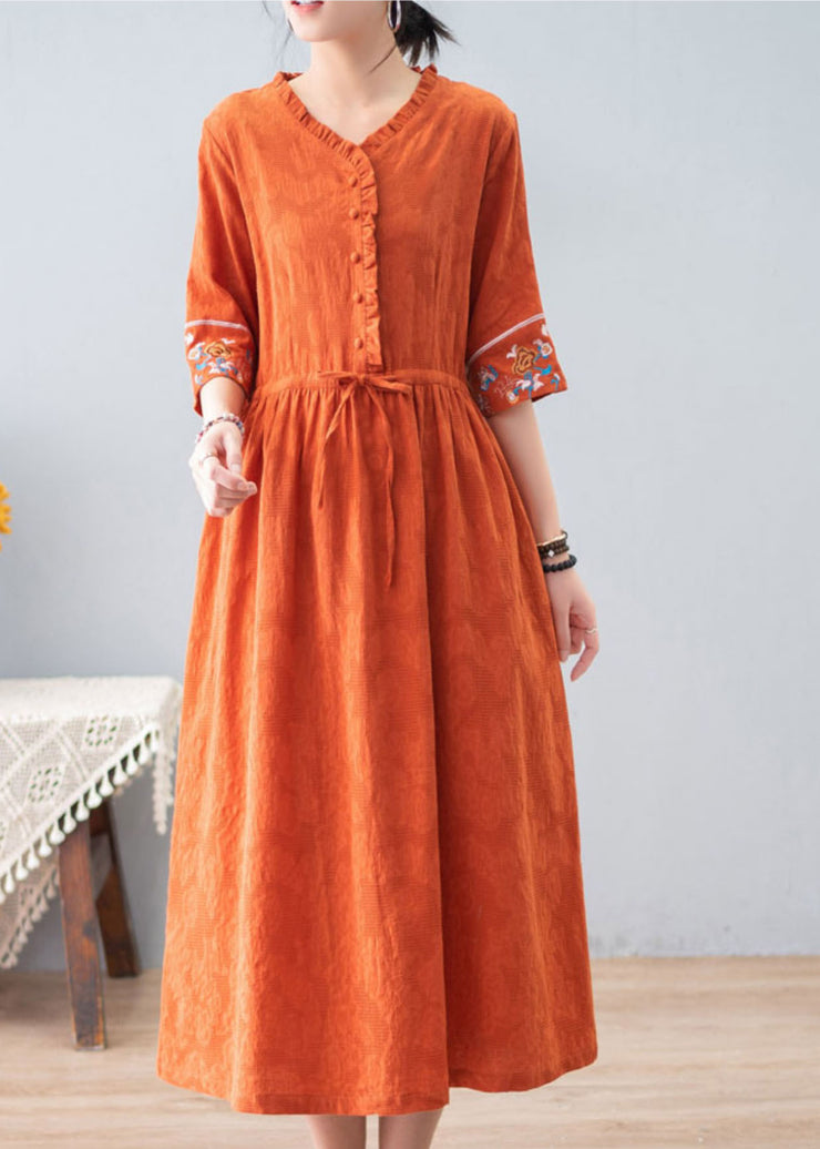 Bohemian Orange gekräuselte Kordelzug bestickte Jacquard-Baumwollkleider mit halben Ärmeln