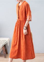 Bohemian Orange Ruffled Drawstring Embroidered Jacquard Cotton Dresses Half Sleeve