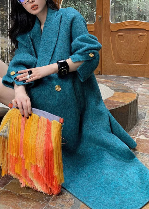 Bohemian Peacock Blue Notched Pockets Woolen Maxi Coats Long Sleeve