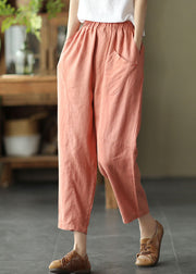 Bohemian Pink Elastische Taillentaschen Leinen Crop Pants Sommer