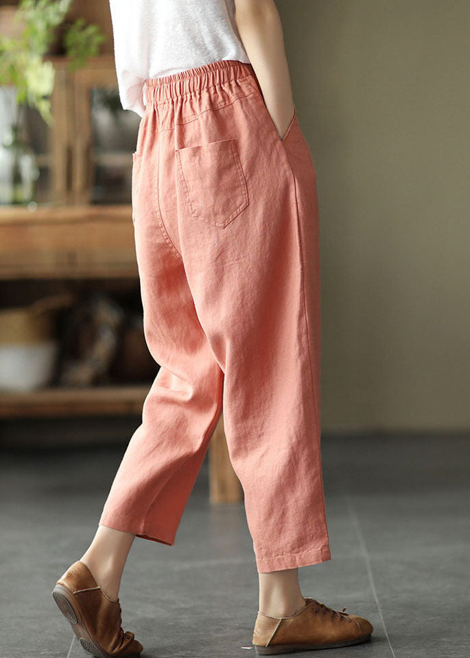 Bohemian Pink Elastische Taillentaschen Leinen Crop Pants Sommer