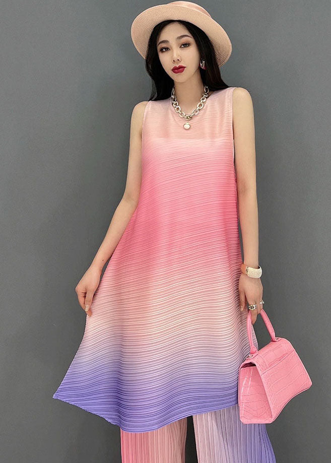 Bohemian Pink Gradient Color O-Neck Wrinkled Linen Two Pieces Set Sleeveless