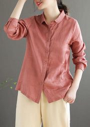 Bohemian Pink Loose Casual Button Summer Linen Long Sleeve Blouse Top - bagstylebliss