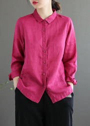 Bohemian Pink Loose Casual Button Summer Linen Long Sleeve Blouse Top - bagstylebliss