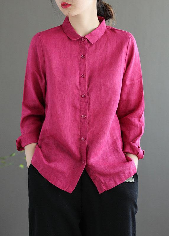 Bohemian Pink Loose Casual Button Summer Linen Long Sleeve Blouse Top - bagstylebliss