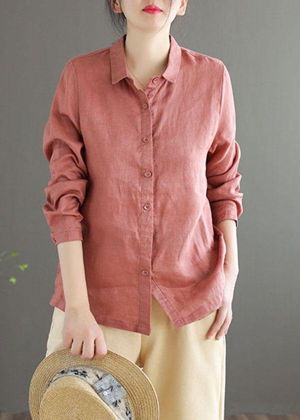 Bohemian Pink Loose Casual Button Summer Linen Long Sleeve Blouse Top - bagstylebliss