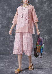 Bohemian Pink Oversized Patchwork Plaid Linen Two Pieces Set Summer