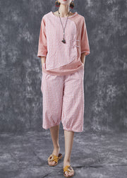 Bohemian Pink Oversized Patchwork Plaid Linen Two Pieces Set Summer