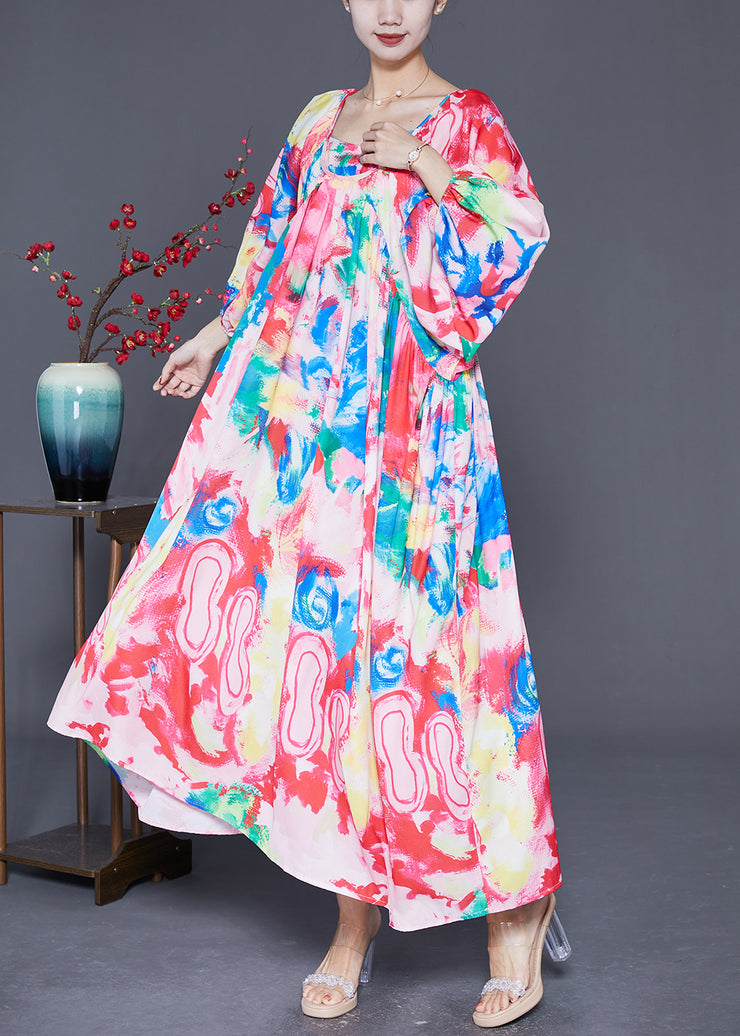 Bohemian Pink Oversized Print Chiffon Beach Dresses Lantern Sleeve