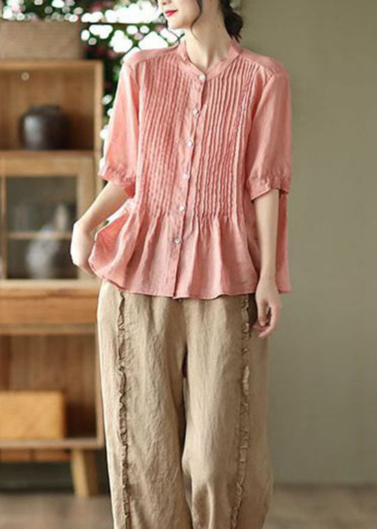 Bohemian Pink Stand Collar Wrinkled Patchwork Linen Shirt Tops Summer