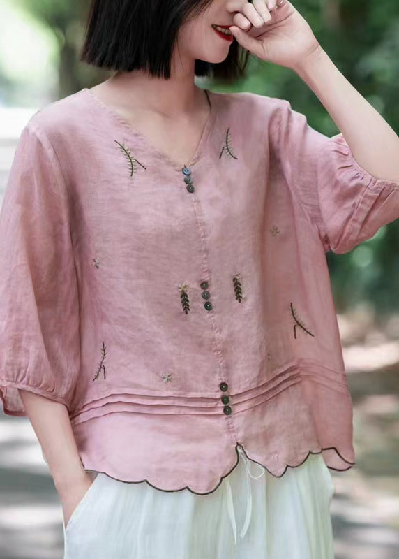 Bohemian Pink V Neck Embroidered Wrinkled Ramie Tops Fall