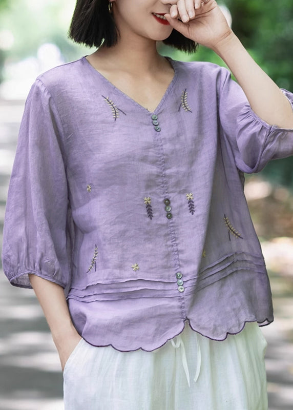 Bohemian Pink V Neck Embroidered Wrinkled Ramie Tops Fall