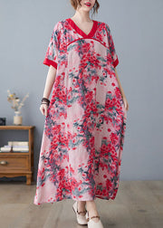 Bohemian Pink V-Ausschnitt Print Baumwolle Leinen A-Linie Kleid Kurzarm