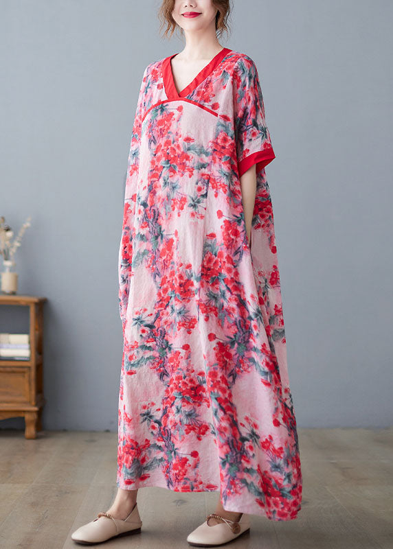 Bohemian Pink V-Ausschnitt Print Baumwolle Leinen A-Linie Kleid Kurzarm