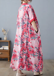 Bohemian Pink V-Ausschnitt Print Baumwolle Leinen A-Linie Kleid Kurzarm