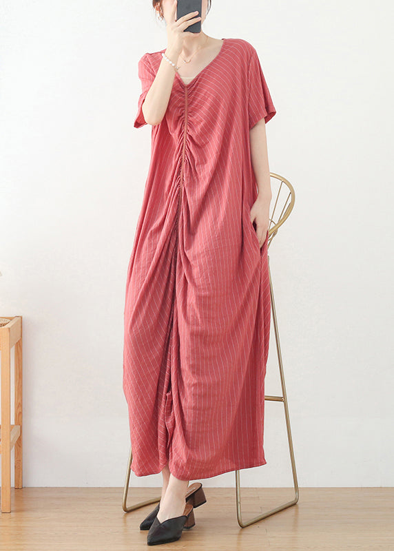 Böhmisches rosa faltiges V-Ausschnitt-Baumwoll-Partykleid mit kurzen Ärmeln